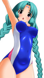Rule 34 | 1990s (style), 1girl, absurdres, aqua hair, braid, canal vorfeed, competition swimsuit, dutch angle, highres, long hair, lost universe, one-piece swimsuit, purple eyes, solo, sugimura tomokazu, swimsuit, twin braids, twintails