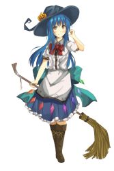 Rule 34 | 1girl, apron, aqua bow, back bow, bandages, black hat, blue hair, blue skirt, blush, bow, bowtie, broom, brown eyes, brown footwear, dress shirt, frilled skirt, frills, full body, fuussu (21-kazin), grey apron, grey shirt, hat, hinanawi tenshi, holding, holding broom, long hair, looking at viewer, pleated skirt, pumpkin, red bow, shirt, short sleeves, skirt, smile, solo, standing, touhou, transparent background, very long hair, witch hat