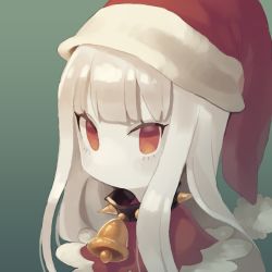 Rule 34 | 1girl, absurdres, bell, collar, cowbell, eye (okame nin), from side, green background, hat, highres, long hair, looking at viewer, looking to the side, neck bell, no mouth, okame nin, original, red eyes, red hat, santa costume, santa hat, simple background, solo, spiked collar, spikes, upper body, white hair