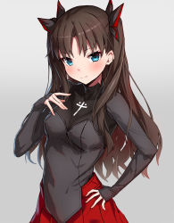 Rule 34 | &gt;:), 1girl, black bow, black shirt, blush, bow, breasts, brown hair, closed mouth, commentary request, cowboy shot, fate/extra, fate/extra record, fate (series), grey background, hair bow, hand on own hip, hand up, highres, long hair, long sleeves, looking at viewer, medium breasts, official alternate costume, parted bangs, red skirt, shirt, simple background, skirt, sleeves past wrists, smile, solo, takanashi kei (hitsujikan), tohsaka rin, two side up, very long hair