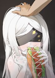 Rule 34 | 1girl, 1other, absurdres, areola slip, blindfold, blue archive, colored skin, completely nude, covered eyes, eating, food, food on face, headpat, highres, hot dog, long sleeves, nude, ohr (blue archive), riok hh, sausage, sexually suggestive, upper body, white hair, white skin