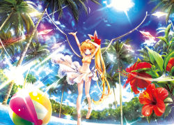Rule 34 | 1girl, ascot, bad id, bad pixiv id, ball, beachball, bikini, blonde hair, blush, bow, catbell, cloud, coconut tree, day, female focus, flandre scarlet, flower, hair bow, hibiscus, lens flare, long hair, navel, palm tree, red eyes, sarong, side ponytail, sky, smile, solo, sparkle, sun, swimsuit, embodiment of scarlet devil, touhou, tree, very long hair, wings