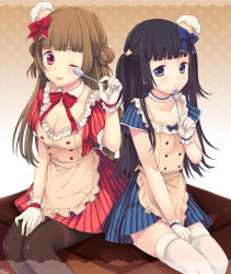 Rule 34 | 2girls, ;p, apron, bad id, bad pixiv id, black hair, black legwear, blue dress, blue eyes, blue skirt, bow, breasts, brown hair, chef hat, cleavage, collarbone, double bun, dress, employee uniform, flat chest, food, fork, gloves, hair bow, hair bun, hair ornament, hat, long hair, looking at viewer, maki (natoriumu), mini hat, muffin, multiple girls, one eye closed, original, pantyhose, pink eyes, red dress, simple background, sitting, skirt, smile, spoon, striped clothes, striped dress, thighhighs, tongue, tongue out, two side up, uniform, valentine, very long hair, white gloves, white legwear, wink, zettai ryouiki