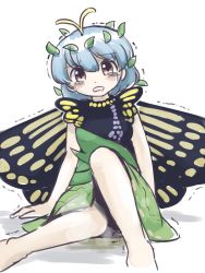 Rule 34 | 1girl, antennae, bare arms, bare legs, blue hair, blush, breasts, brown eyes, butterfly wings, crying, crying with eyes open, d:, dress, eternity larva, frown, hair between eyes, hair ornament, insect wings, itatatata, leaf hair ornament, looking at viewer, multicolored clothes, multicolored dress, open mouth, pee, peeing, peeing self, scared, short hair, short sleeves, simple background, sitting, small breasts, solo, steam, streaming tears, tareme, tears, touhou, trembling, white background, wings