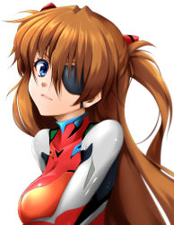 Rule 34 | 1girl, absurdres, alternate breast size, artist request, blue eyes, bodysuit, breasts, brown hair, evangelion: 3.0 you can (not) redo, expressionless, eyepatch, highres, large breasts, long hair, long sleeves, looking at viewer, neon genesis evangelion, plugsuit, rebuild of evangelion, red bodysuit, shiny clothes, shiny skin, simple background, solo, souryuu asuka langley, two side up, very long hair, white background