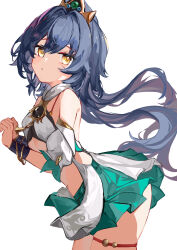 Rule 34 | 1girl, absurdres, amulet, aqua skirt, ban tang, bare shoulders, blue hair, bracelet, breasts, cowboy shot, detached sleeves, floating hair, from side, hair between eyes, hair ornament, hands up, highres, honkai: star rail, honkai (series), jewelry, leaning forward, long hair, looking at viewer, looking to the side, low twintails, miniskirt, navel, pleated skirt, puffy sleeves, short sleeves, simple background, skindentation, skirt, small breasts, solo, thigh strap, twintails, white background, wristband, yellow eyes, yunli (honkai: star rail)