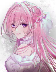 Rule 34 | 1girl, absurdres, bare shoulders, braid, breasts, detached sleeves, dorothy (nikke), dress, frilled dress, frills, from side, goddess of victory: nikke, grin, hair bun, hair ribbon, highres, large breasts, long hair, looking at viewer, pink hair, purple eyes, purple ribbon, ribbon, smile, solo, takatsukikizashi, upper body, white dress