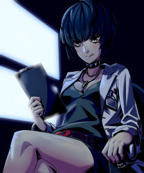 Rule 34 | 10s, 1girl, artist name, badge, bare legs, belt, blue hair, breasts, brown eyes, cleavage, clipboard, collar, cowboy shot, holding, jewelry, lab coat, licking lips, long sleeves, looking at viewer, medium breasts, mikk, nail polish, necklace, persona, persona 5, short hair, sitting, solo, spiked collar, takemi tae, thighs, tongue