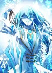 Rule 34 | 1boy, absurdres, ainchase ishmael, blue eyes, blue hair, blue theme, chun nam, elsword, gloves, hair between eyes, highres, long hair, long sleeves, looking at viewer, male focus, open mouth, richter (elsword), simple background, solo, standing, white gloves