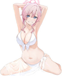 Rule 34 | 1girl, armpits, arms behind head, bikini, blue archive, blue eyes, breasts, collarbone, halo, highres, icehotmilktea, large breasts, looking at viewer, medium hair, mimori (blue archive), mimori (swimsuit) (blue archive), navel, official alternate costume, pink hair, pink halo, simple background, sitting, smile, solo, swimsuit, thighs, white background, white bikini