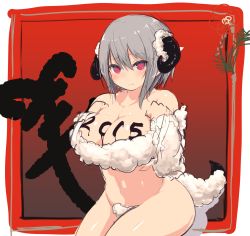 Rule 34 | 1girl, 2015, bad id, bad nijie id, bare shoulders, body writing, breasts, chinese zodiac, cleavage, demon girl, demon tail, embarrassed, highres, horns, large breasts, looking at viewer, new year, original, pointy ears, red eyes, sheep horns, short hair, silver hair, solo, tail, wavy mouth, wool, year of the goat, zi-shot