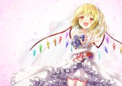 Rule 34 | 1girl, :d, bare shoulders, bead necklace, beads, blonde hair, blue flower, blue rose, blush, bouquet, bridal gauntlets, bridal veil, bride, collarbone, commentary request, cowboy shot, crystal, dress, flandre scarlet, flower, frilled dress, frills, holding, holding bouquet, jewelry, looking at viewer, madotsukumo, necklace, one side up, open mouth, orange eyes, outstretched hand, petals, purple flower, purple rose, red flower, rose, short hair, smile, solo, standing, thighhighs, touhou, veil, wedding dress, white dress, white thighhighs, wings