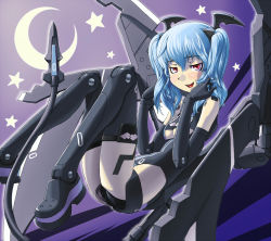 Rule 34 | 10s, 1girl, blue hair, breasts, busou shinki, cable, cable tail, demon girl, doll joints, joints, mecha musume, mechanical tail, moon, red eyes, small breasts, solo, star (symbol), tail, thighhighs, twintails, underboob, valona, varona