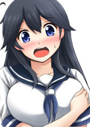 Rule 34 | 10s, 1girl, ahoge, black hair, blush, breasts, covering privates, covering breasts, embarrassed, fuuma nagi, kantai collection, large breasts, long hair, looking at viewer, open mouth, school uniform, serafuku, solo, sweat, ushio (kancolle)
