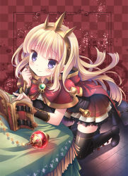 Rule 34 | 10s, 1girl, black footwear, blonde hair, blue eyes, book, boots, bow, cagliostro (granblue fantasy), cape, capelet, checkered background, checkers, crown, dress, floor, floral print, frills, gem, granblue fantasy, headband, hood, ikegami akane, knee boots, kneeling, long hair, ornament, smile, solo, spikes, star (symbol), table, tablecloth, tassel, thighhighs, wrist cuffs, zettai ryouiki