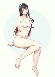 Rule 34 | 1girl, alternate costume, aqua eyes, bare arms, bare legs, bare shoulders, barefoot, bikini, black hair, blush, breasts, collarbone, commentary request, glasses, hairband, halterneck, highres, kantai collection, legs, long hair, looking at viewer, ooyodo (kancolle), open mouth, semi-rimless eyewear, simple background, sitting, skindentation, small breasts, smile, solo, string bikini, swimsuit, under-rim eyewear, white background, white bikini, yuuji (and)