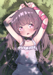 Rule 34 | 1girl, armpits, arms up, bare shoulders, black nail polish, black nails, blush, child, choker, facing viewer, fallenshadow, female focus, frown, grass, grass field, hair between eyes, hair ornament, half body, highres, indie virtual youtuber, kiirokuma, long hair, looking at viewer, lying, lying on ground, neck ribbon, nightgown, on back, open mouth, outdoors, pantyhose, pink eyes, purple eyes, purple hair, purple ribbon, ribbon, shadow, shondophrenic (fallenshadow), sidelocks, single wrist cuff, solo, tree shade, twintails, very long hair, virtual youtuber, white nightgown, wrist cuffs, wrist ribbon, x hair ornament