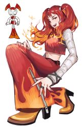Rule 34 | 1girl, absurdres, alternate costume, bandaged arm, bandages, bell-bottoms, boots, commentary, crop top, english commentary, fiery hair, flame print, gradient hair, hanny (uirusu chan), high heel boots, high heels, highres, humanization, humanoid robot, jenny wakeman, jewelry, kneeling, looking to the side, multicolored hair, my life as a teenage robot, nail polish, orange footwear, orange hair, pants, personification, photo inset, red eyes, red hair, red nails, red pants, reference inset, ring, robot, smile, solo focus, twintails