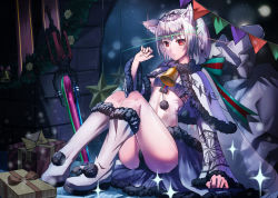 Rule 34 | 1girl, absurdres, altera (fate), animal ears, bell, boots, breasts, cloak, collar, commentary request, dark-skinned female, dark skin, fate/grand order, fate (series), full-body tattoo, fur-trimmed cloak, fur trim, gift, gift bag, headdress, highres, indoors, knee boots, long sleeves, looking at viewer, midriff, neck bell, night, photon ray (fate), red eyes, revealing clothes, short hair, sitting, small breasts, solo, star (symbol), sword, tattoo, ten no hoshi, thighs, veil, weapon, white footwear, white hair