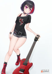 Rule 34 | 1girl, bang dream!, bare legs, bare shoulders, belt, belt buckle, black belt, black collar, black hair, black shirt, black socks, blush, boots, breasts, buckle, closed mouth, collar, commentary, cross-laced footwear, cutoffs, dutch angle, electric guitar, english commentary, gibson les paul, grey background, grey shorts, guitar, highres, instrument, lace-up boots, lock, looking at viewer, mitake ran, multicolored hair, off shoulder, padlock, padlocked collar, purple eyes, red footwear, red hair, shirt, short hair, short shorts, short sleeves, shorts, small breasts, smile, socks, solo, streaked hair, studded belt, thighs, vahn yourdoom, watermark, web address
