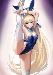 Rule 34 | 1girl, animal ears, blonde hair, blue archive, blue eyes, blue leotard, bow, bowtie, breasts, detached collar, fake animal ears, flexible, halo, highres, ito uuu, leg lift, leg up, leotard, long hair, looking at viewer, medium breasts, official alternate costume, playboy bunny, rabbit ears, smile, solo, split, standing, standing on one leg, standing split, strapless, strapless leotard, thighhighs, toki (blue archive), toki (bunny) (blue archive), v, very long hair, white thighhighs, wrist cuffs