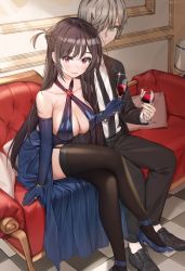 Rule 34 | 1boy, 1girl, alcohol, bare shoulders, black suit, black thighhighs, blouse, blue footwear, breasts, brown hair, cleavage, collarbone, collared shirt, couch, crossed legs, cup, drinking glass, earrings, elbow gloves, formal, garter straps, gloves, green eyes, high heels, highres, holding, holding cup, jewelry, kanojo okarishimasu, large breasts, long hair, looking at viewer, mizuhara chizuru, one side up, piyo (pixiv 2308057), pumps, red eyes, shirt, shirt tucked in, sitting, suit, thighhighs, white shirt, wine, wine glass