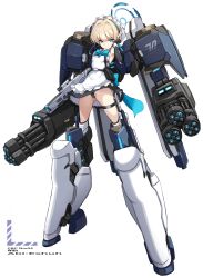 Rule 34 | 1girl, apron, black gloves, blonde hair, blue archive, blue eyes, breasts, commentary request, elbow gloves, fingerless gloves, full body, gatling gun, gloves, halo, highres, karukan (monjya), leotard, looking at viewer, maid headdress, mecha, mecha musume, multiple-barrel firearm, robot, small breasts, solo, toki (blue archive), white apron