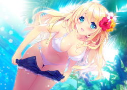 Rule 34 | 1girl, artist name, atago (kancolle), beach, bikini, bikini day, blonde hair, blush, breasts, carnelian, cleavage, clothes pull, collarbone, cowboy shot, day, denim, denim shorts, dutch angle, flower, hair flower, hair ornament, kantai collection, large breasts, leaning forward, long hair, looking at viewer, navel, open mouth, outdoors, revision, shorts, shorts pull, solo, sun, swimsuit, tree, white bikini
