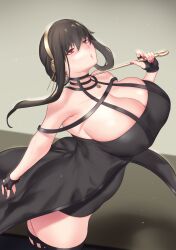 Rule 34 | 1girl, absurdres, aster crowley, black dress, black hair, breasts, choker, cleavage, curvy, dagger, dress, feet out of frame, hairband, heart, highres, holding, holding knife, huge breasts, knife, looking at viewer, mature female, red eyes, smile, solo, spy x family, standing, thick thighs, thighs, varia suit, weapon, yor briar