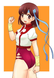 Rule 34 | 1girl, ass, blue headband, brown eyes, brown hair, clenched hands, commentary request, cowboy shot, from side, headband, highres, leotard, looking at viewer, medium hair, open mouth, orange background, outside border, red leotard, shirt, short sleeves, smile, solo, standing, takaya noriko, top wo nerae!, uona telepin, white shirt, wristband