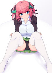 Rule 34 | arms behind back, ass, black cardigan, black panties, black ribbon, blue eyes, blunt bangs, blush, breasts, butterfly hair ornament, button gap, cardigan, collarbone, from above, go-toubun no hanayome, green skirt, hair ornament, highres, knees up, large breasts, looking at viewer, nakano nino, on bed, open cardigan, open clothes, panties, pantyshot, pink hair, ponponmaru, ribbon, sitting, skirt, smile, solo, thick thighs, thighhighs, thighs, twintails, underwear, v-shaped eyebrows, white thighhighs