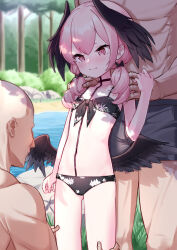 Rule 34 | 1girl, 2boys, age difference, bald, bikini, black bikini, black wings, blue archive, blush, commentary request, faceless, faceless male, feathered wings, flat chest, floral print, hands on another&#039;s shoulders, head wings, highres, koharu (blue archive), koharu (swimsuit) (blue archive), leg grab, low wings, multiple boys, muscular, muscular male, official alternate costume, outdoors, paid reward available, partial commentary, pink eyes, pink hair, print bikini, shade, shokupan (slvk12), solo focus, swimsuit, wings