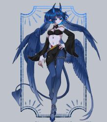 Rule 34 | 1girl, animal feet, black sclera, blue eyes, blue fur, blue hair, blue horns, blue wings, border, bra, claws, closed mouth, colored extremities, colored eyelashes, colored inner hair, colored sclera, crossed ankles, demon girl, demon horns, demon tail, detached sleeves, feathered wings, full body, grey background, hand on own hip, head wings, highres, hooves, horizontal pupils, horns, inset border, long sleeves, looking at viewer, low wings, monster girl, multicolored hair, multiple wings, navel, original, ornate border, pale skin, pointy ears, sabuneko2645, short hair, simple background, solo, standing, strapless, strapless bra, tail, thighlet, underwear, wide sleeves, wings