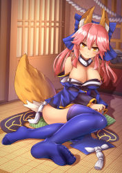 Rule 34 | 10s, 1girl, :3, animal ears, blue ribbon, blue thighhighs, blush, breasts, cleavage, commentary request, detached sleeves, fate/extra, fate/grand order, fate (series), foreshortening, fox ears, fox tail, hair ribbon, highres, indoors, japanese clothes, kaiyi, large breasts, long hair, looking at viewer, pink hair, ribbon, solo, tail, tamamo (fate), tamamo no mae (fate/extra), thighhighs, yellow eyes