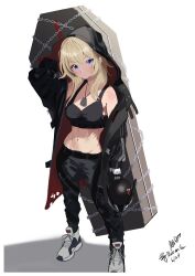 Rule 34 | 1girl, absurdres, alternate costume, belt, black belt, black footwear, black pants, blonde hair, carrying, closed mouth, commentary, crop top, dog tags, english commentary, full body, goddess of victory: nikke, grave (nikke), highres, holding, holding mask, jewelry, long hair, mask, melissa 2.0, navel, necklace, pants, purple eyes, shoes, simple background, sneakers, solo, standing, tombstone, unworn mask, white background