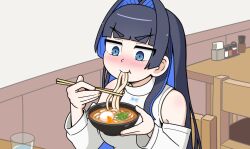 Rule 34 | 1girl, blue eyes, blue hair, blush, bowl, chair, chopsticks, commentary, eating, english commentary, food, highres, holding, holding bowl, holding chopsticks, hololive, hololive english, long hair, looking at viewer, noodles, official alternate costume, ouro kronii, ouro kronii (casual), restaurant, shirt, solo, table, toripuru (tripl3), udon, virtual youtuber, white shirt