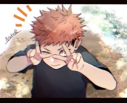 Rule 34 | 1boy, age regression, aged down, black shirt, child, closed mouth, commentary request, day, from above, itadori yuuji, jujutsu kaisen, letterboxed, looking at viewer, looking up, male focus, nukomaru, one eye closed, outdoors, pink hair, shirt, short hair, smile, spiked hair, undercut