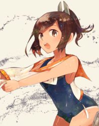 Rule 34 | 10s, 1girl, brown eyes, brown hair, cowboy shot, hair ornament, hairclip, i-401 (kancolle), itomugi-kun, kantai collection, looking at viewer, name tag, one-piece swimsuit, one-piece tan, open mouth, ponytail, sailor collar, school swimsuit, short ponytail, solo, swimsuit, swimsuit under clothes, tan, tanline, white background