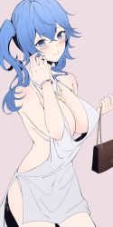 Rule 34 | 1girl, absurdres, azur lane, backless dress, backless outfit, bag, bare shoulders, blue hair, blush, bracelet, breasts, cleavage, closed mouth, crossed bangs, dress, evening gown, grey dress, hair between eyes, halter dress, halterneck, hand up, handbag, highres, jewelry, large breasts, nail polish, necklace, o-los, plunging neckline, revealing clothes, side ponytail, sidelocks, silver dress, smile, st. louis (azur lane), st. louis (luxurious wheels) (azur lane), thighs