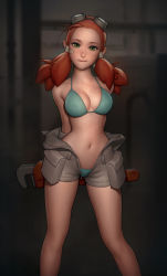 Rule 34 | 1girl, arms behind back, bad id, bad tumblr id, bikini, bikini under clothes, blue bikini, borrowed character, breasts, cowboy shot, forehead, freckles, full-length zipper, goggles, goggles on head, green eyes, head tilt, highres, i0525, indoors, long hair, looking at viewer, low twintails, mechanic, navel, nose, off shoulder, open clothes, orange hair, original, overalls, red hair, rivers (chirutai), rivers frye, short jumpsuit, sleeves rolled up, solo, standing, stomach, swimsuit, twintails, unzipped, wrench, zipper