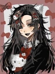 1girl ;d animal_ears black_eyes black_hair black_jacket black_tongue bow bowtie cat_ears cat_hair_ornament chinese_commentary collared_shirt commentary_request fang genderswap genderswap_(mtf) grey_shirt hair_ornament hairclip hello_kitty hello_kitty_(character) highres jacket long_hair male_focus mole mole_under_eye neena_(nina934410) one_eye_closed open_mouth red_bow red_bowtie sanrio shirt sketch smile solo touqi_guaitan upper_body x_hair_ornament zhu_yaoxing