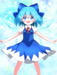 Rule 34 | 1girl, :d, azuma shino, blue bow, blue dress, blue eyes, blue hair, blue theme, blush, bow, cirno, dress, hair bow, ice, ice wings, looking at viewer, neck ribbon, open mouth, pinafore dress, puffy short sleeves, puffy sleeves, red ribbon, ribbon, shirt, short sleeves, sleeveless, sleeveless dress, smile, solo, touhou, white shirt, wings