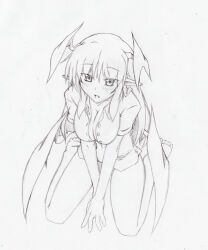 Rule 34 | 1girl, :o, barefoot, bat wings, blush, bottomless, breasts, cleavage, collared shirt, dress shirt, full body, graphite (medium), hair between eyes, head wings, highres, kamikiri, koakuma, large breasts, long hair, looking at viewer, low wings, naked shirt, open clothes, open shirt, own hands together, pointy ears, seiza, shirt, short sleeves, sidelocks, sitting, sketch, solo, touhou, traditional media, v arms, white background, white shirt, wing collar, wings