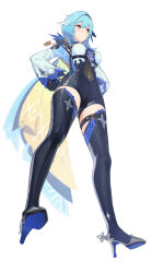 Rule 34 | 1girl, absurdres, aqua hair, black gloves, boots, clenched hand, ddal, eula (genshin impact), full body, genshin impact, gloves, hairband, hand on own hip, high heel boots, high heels, highres, simple background, solo, standing, thigh boots, white background, yellow eyes