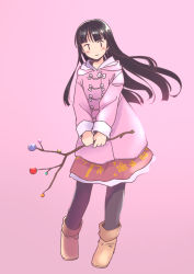 Rule 34 | 1girl, adapted costume, black hair, black pantyhose, blunt bangs, blush, boots, branch, coat, full body, fur-trimmed boots, fur trim, hood, hoodie, houraisan kaguya, jeweled branch of hourai, long hair, looking at viewer, pantyhose, pink background, pink coat, rangycrow, smile, solo, touhou, v arms, winter clothes