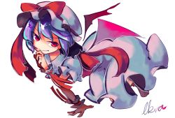 Rule 34 | 1girl, all fours, bat wings, bow, dress, frilled shirt, frilled shirt collar, frilled sleeves, frills, hand on own chin, hat, hat ribbon, highres, ikra (ikrazusi), looking at viewer, mob cap, pink dress, puffy short sleeves, puffy sleeves, purple hair, red bow, red eyes, red ribbon, remilia scarlet, ribbon, shirt, short hair, short sleeves, simple background, smile, solo, touhou, vampire, white background, wings, wrist cuffs, wrist ribbon