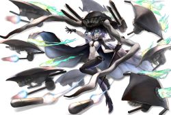 1girl absurdres abyssal_ship bad_id bad_pixiv_id bodysuit breasts cape female_focus gloves glowing glowing_eyes granblue_fantasy headgear highres kantai_collection long_hair matsuo_shogo open_mouth parody silver_hair simple_background solo style_parody wo-class_aircraft_carrier