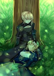 Rule 34 | 2girls, ahoge, artoria pendragon (fate), blonde hair, breasts, dark persona, dress, fate/stay night, fate (series), grass, hand on another&#039;s head, highres, lap pillow, looking at another, multiple girls, nashoki, saber (fate), saber alter, small breasts, tree, yellow eyes
