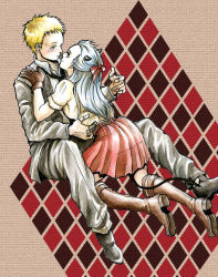Rule 34 | 1boy, 1girl, artist request, bad id, bad pixiv id, blonde hair, blush, boots, dorohedoro, formal, gloves, horns, noi (dorohedoro), shin (dorohedoro), skirt, stitches, suit, tail, white hair, aged down
