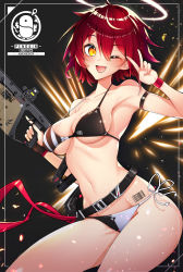 Rule 34 | 1girl, ;d, absurdres, arknights, arm strap, armpits, barcode, barcode tattoo, bare arms, bare shoulders, belt, bikini, black background, black belt, black bikini, blush, breasts, collarbone, commentary request, copyright name, cowboy shot, exusiai (arknights), gun, hair between eyes, halo, hand up, highres, holding, holding gun, holding weapon, korean commentary, kyudong., looking at viewer, medium breasts, multicolored bikini, multicolored clothes, navel, one eye closed, open mouth, partial commentary, pouch, red hair, short hair, side-tie bikini bottom, smile, solo, stomach, strap gap, swimsuit, tattoo, thighs, trigger discipline, v, weapon, white bikini, wristband, yellow eyes